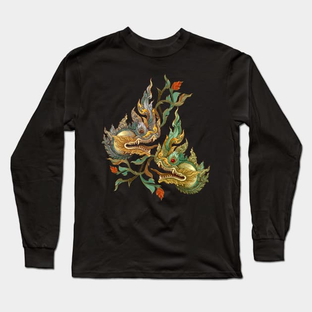 Thai art Naga head. Long Sleeve T-Shirt by Lewzy Design